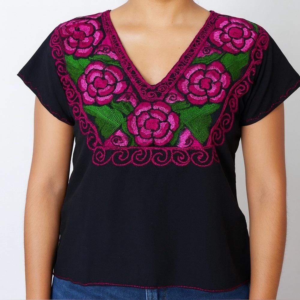 Vibrant Pink and Green Embroidered Women's Blouse
